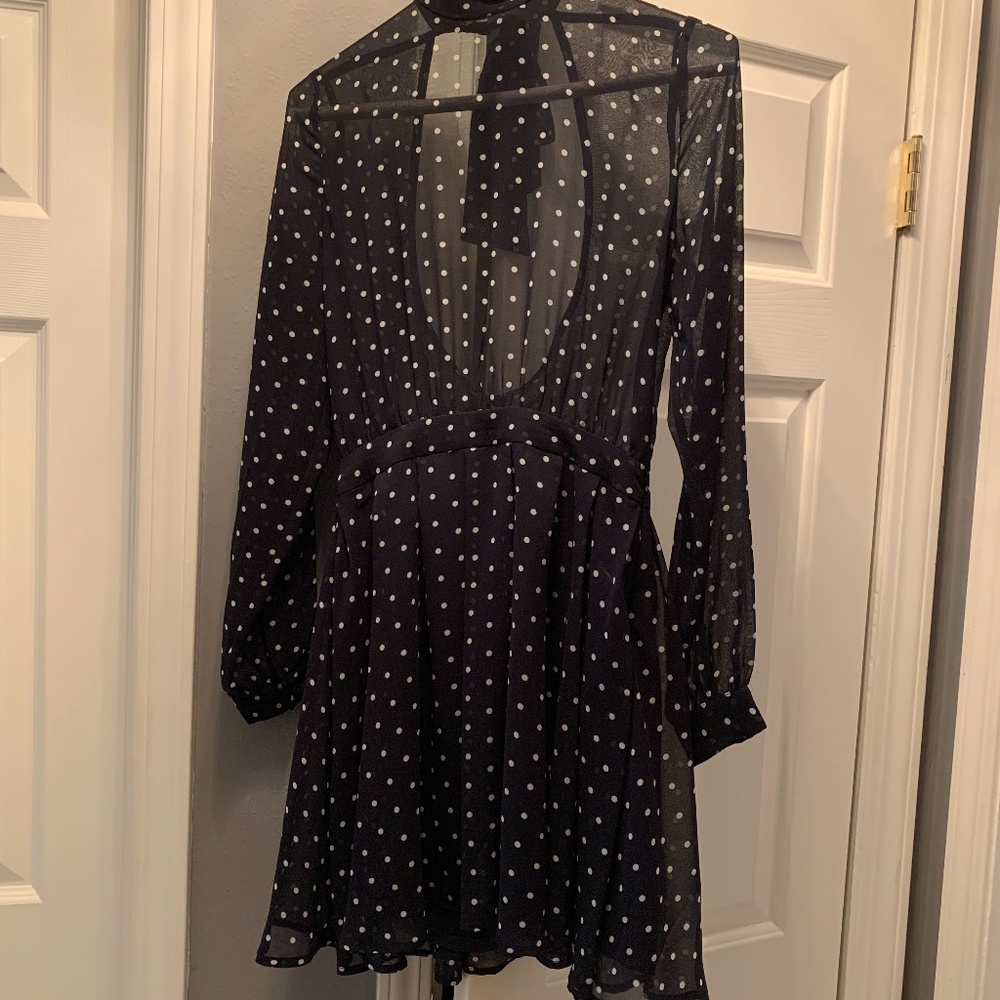 Navy Blue and White Polka Dot Open Back Dress